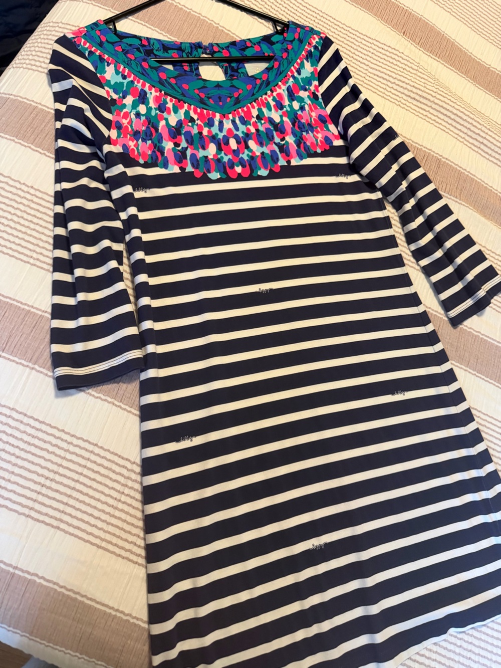 Lilly Pulitzer Navy and White Striped Dress with Multicolor Neckprint